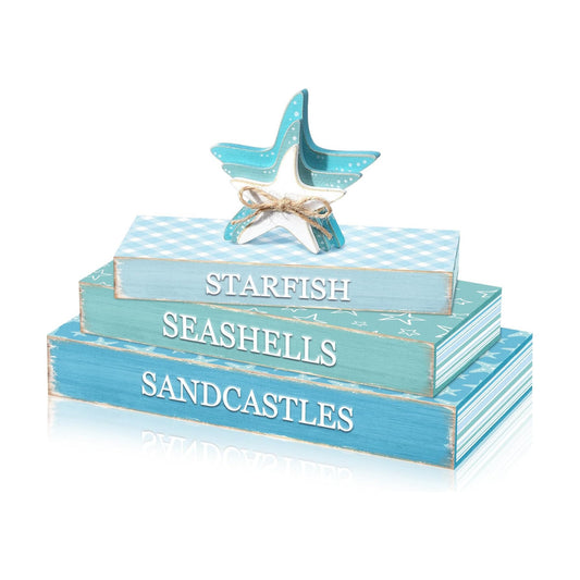 Wooden Coastal Decorative Books / Summer Starfish / Set of 4