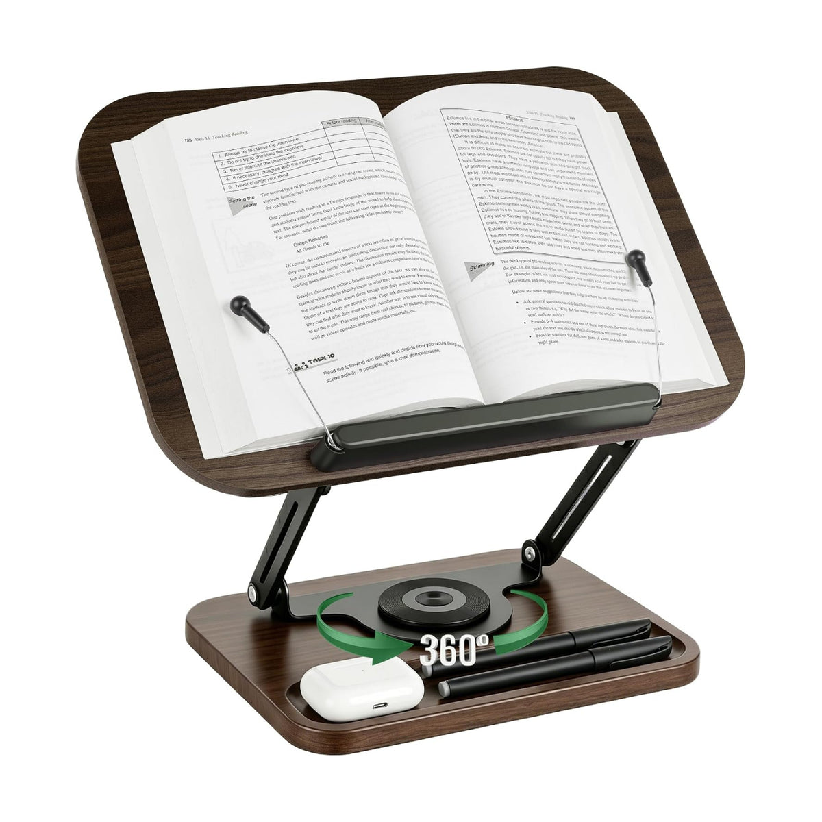 Book Stand for Reading, 360° Rotating Book Holder for Desk, Heavy Duty Bible Stand with Page Clips, Adjustable Height