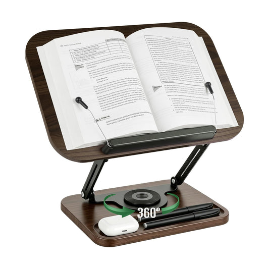 Book Stand for Reading, 360° Rotating Book Holder for Desk, Heavy Duty Bible Stand with Page Clips, Adjustable Height