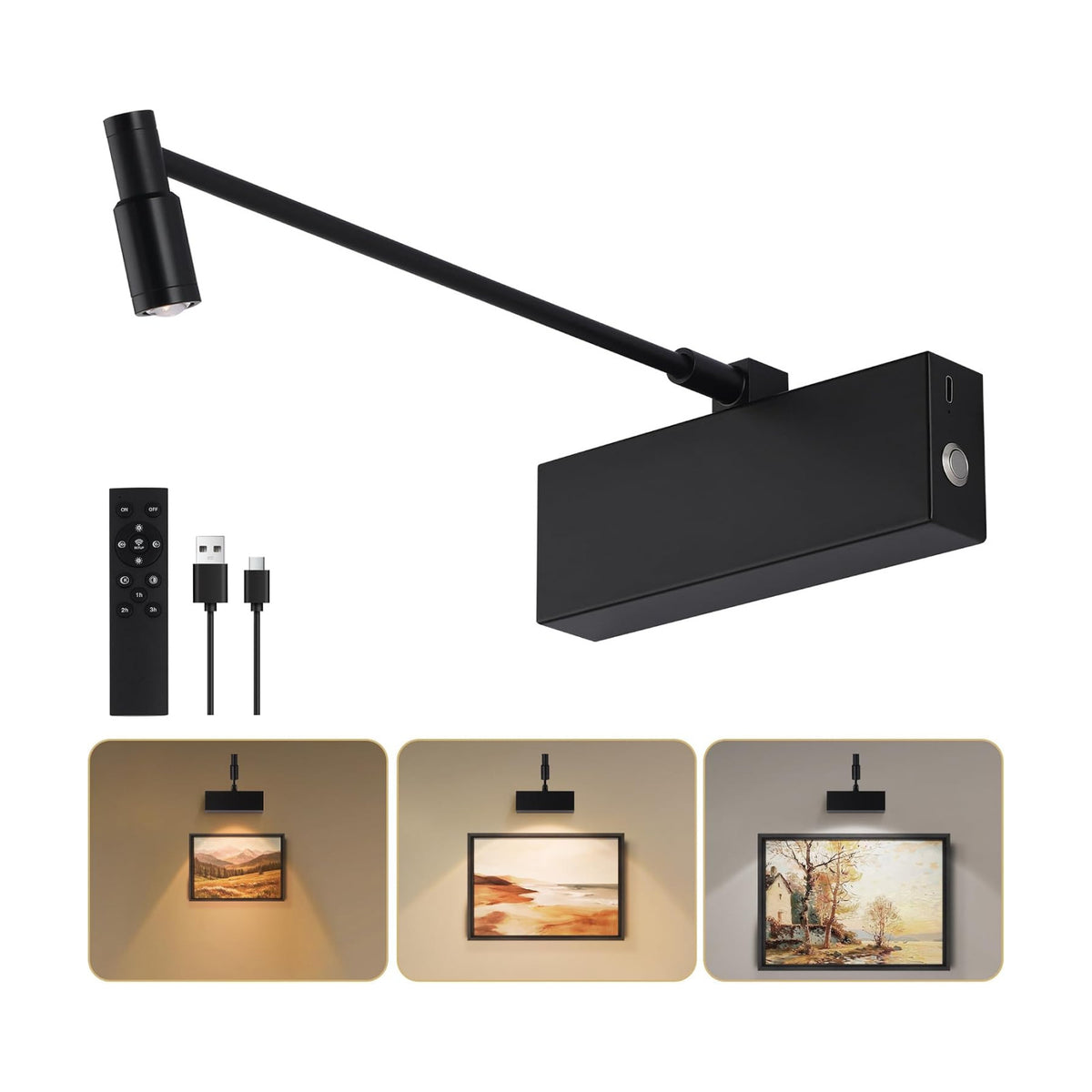 Wireless Picture Light for Wall with Adjustable Beam Angle, 8000mAh Rechargeable Art Light for Painting with Remote