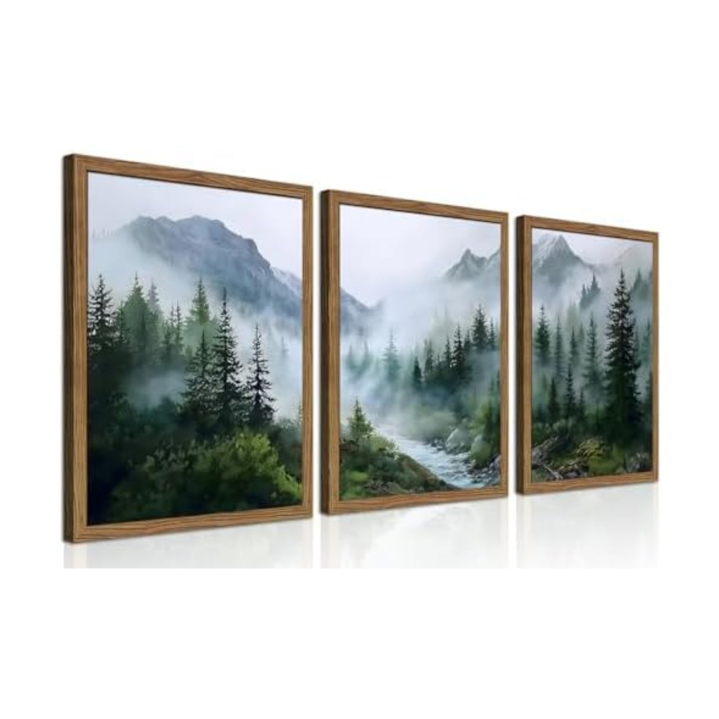 Framed Forest Wall Art Set of 3, Misty Mountain Landscape Canvas Wall Decor Paintings, Nature Tree River Scenery