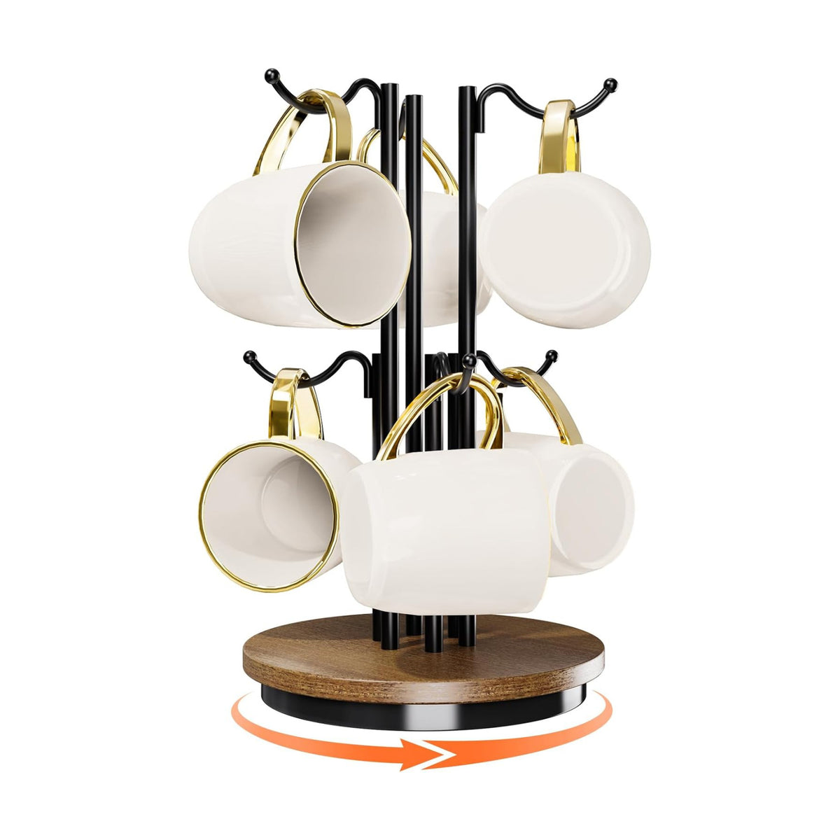 6-Hook 360° Rotating Large Coffee Mug Tree for Counter, Wood Base, Brown | 360° rotation, 6 mugs (12-16oz), 5.7"