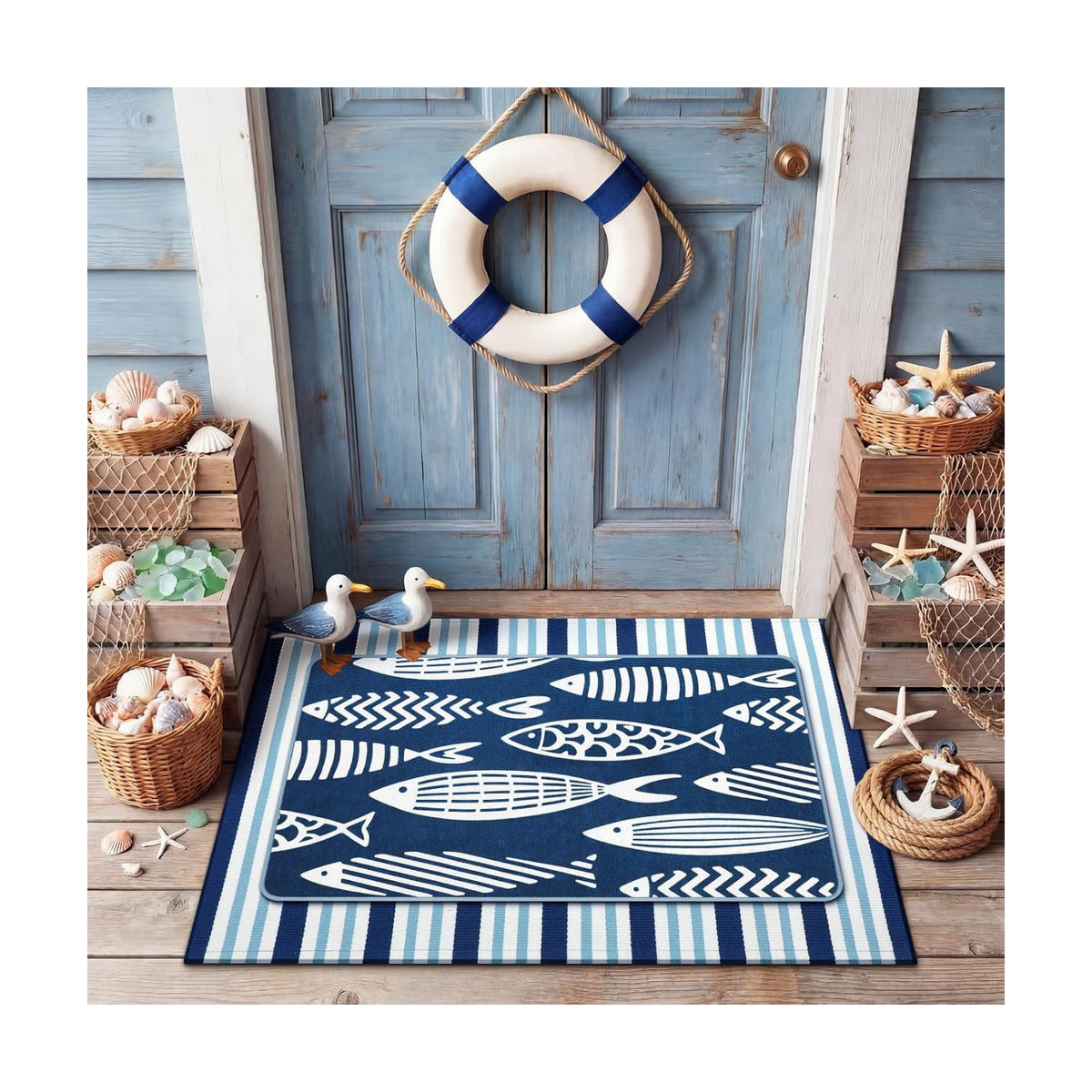 Tinideya 2 Pcs Coastal Fish Door Mat Outdoor Nautical Beach Welcome Mat