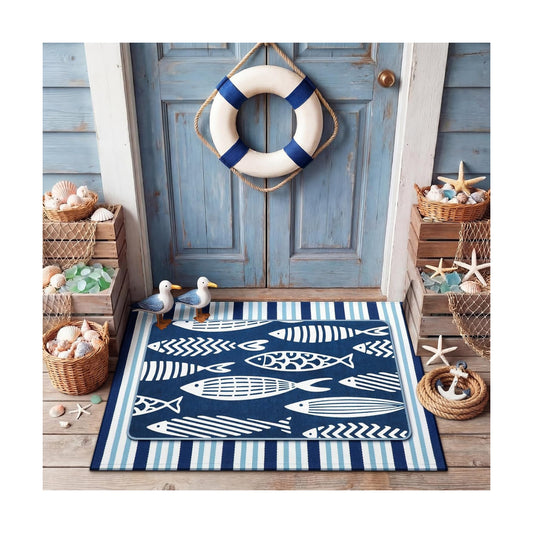 Tinideya 2 Pcs Coastal Fish Door Mat Outdoor Nautical Beach Welcome Mat
