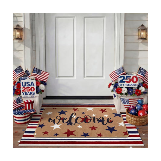 Tinideya 2 Pcs Patriotic Door Mat Outdoor Layered 4th of July Welcome Mat