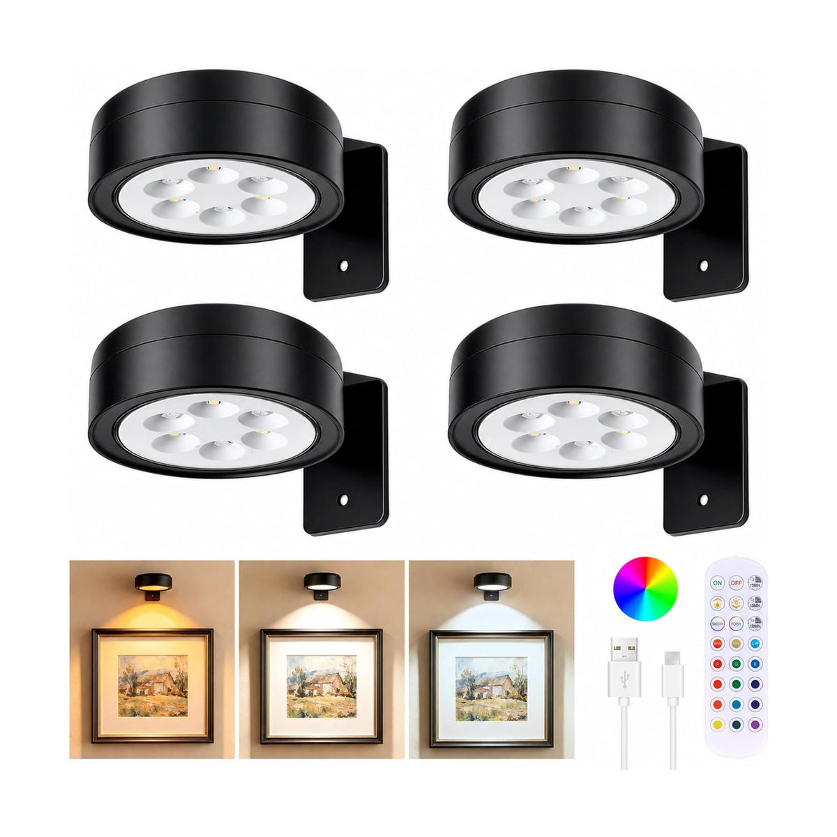 4-Pack Picture Lights for Wall, Rechargeable Wireless Poster Lights, Black | LED Magnetic Painting Lights with