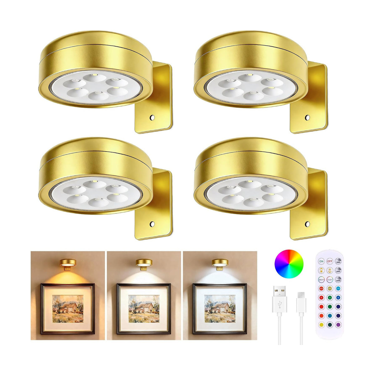 4-Pack Picture Lights for Wall, Rechargeable Cordless Poster Lights, Gold | LED Magnetic Painting Lights with