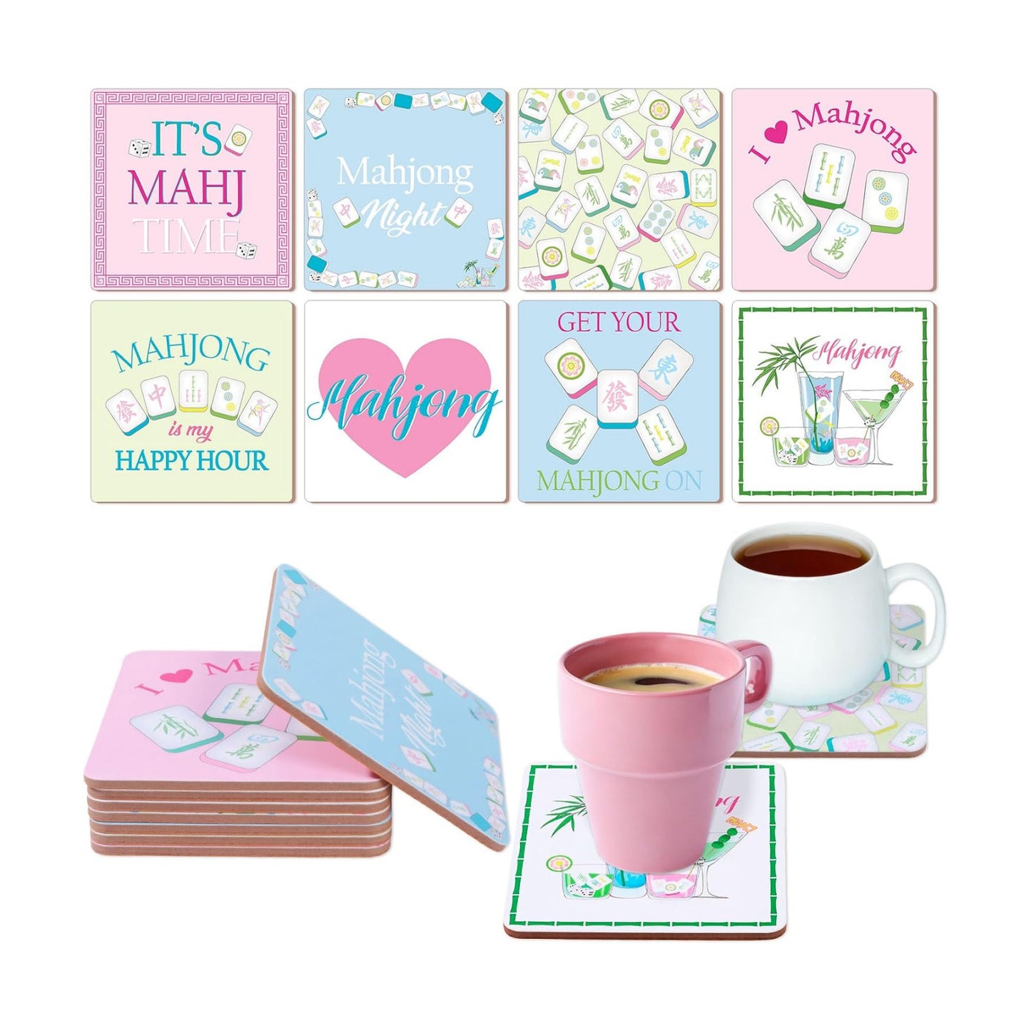Mahjong Coasters Square Cork Coasters Colorful Funny Women Mah Jong Gifts / 3.94 x 3.94 / Set of 8