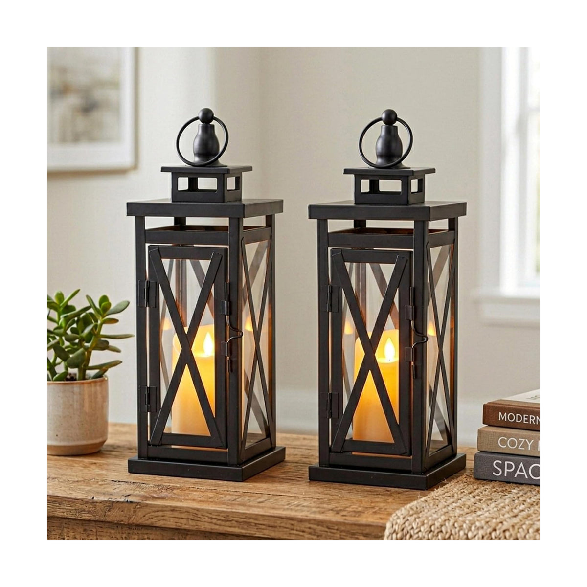 TRIROCKS Set of 2 Deacorative Candle Lantern 11'' High Metal Candle Holder Hanging Lanterns with Tempered Glass Perfect