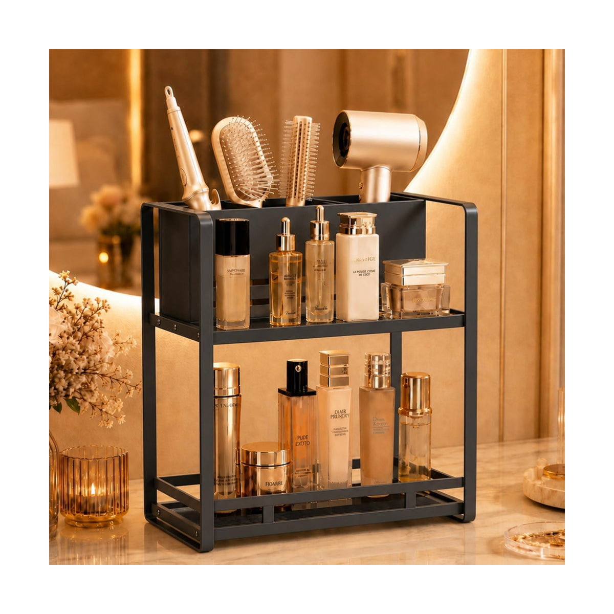 Bathroom Counter Organizer, Metal Vanity Shelf with Hair Dryer Holder | 2-Tier Hair Tool Organizer, Large Capacity