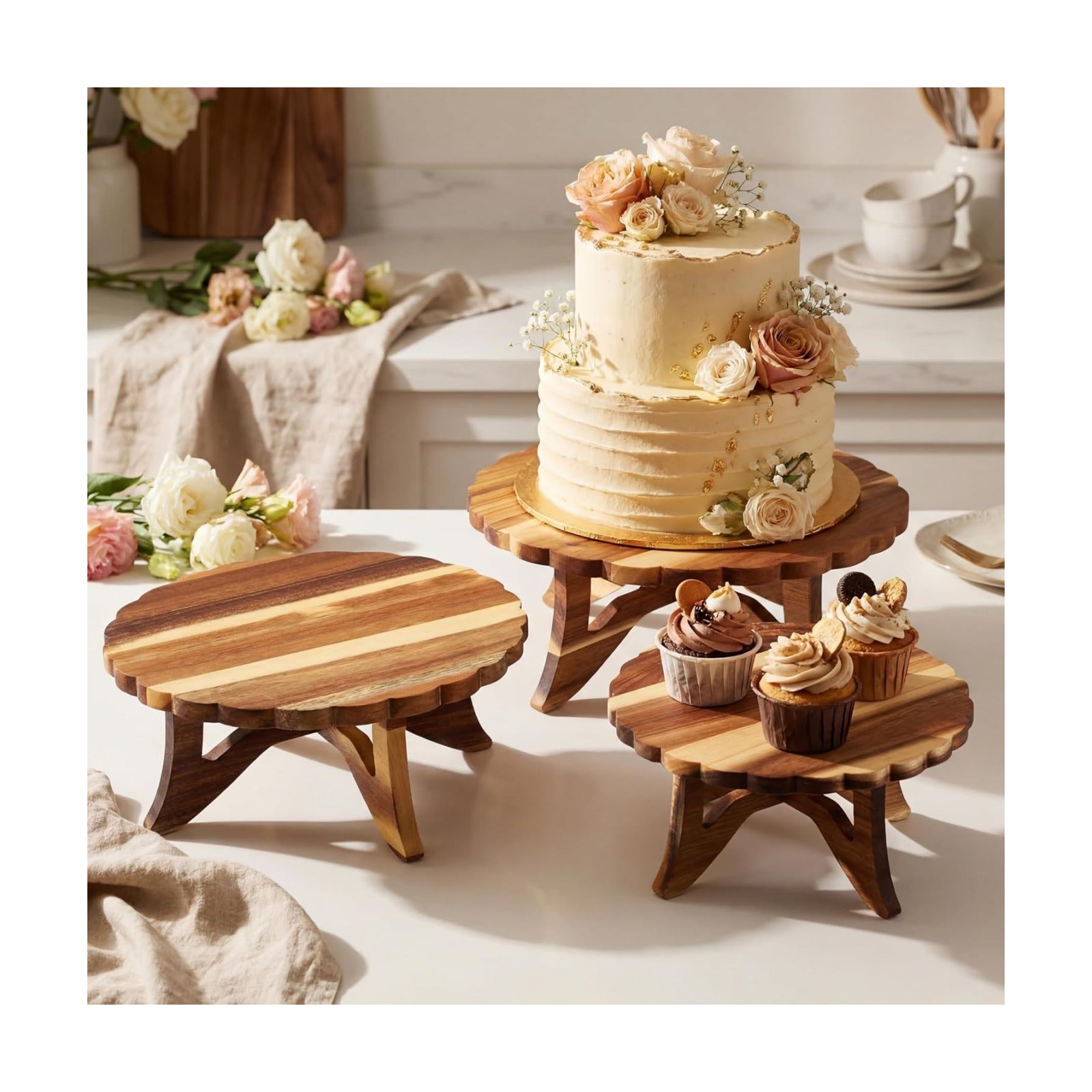 Farmhouse Wood Cake Stand 12'' 10'' 8'' Acacia Wooden Rustic Cupcake Holder / Lace / Set of 3