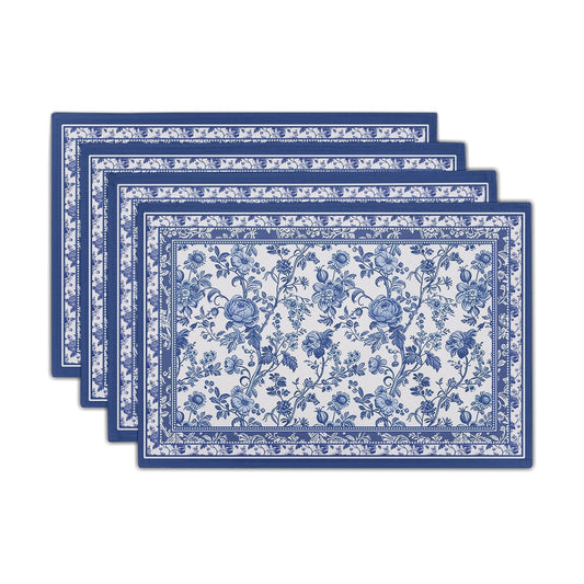Blue Floral Placemats Set of 4 18x12 Inch Chinoiserie Blue and White Linen Place Mats Heat-Resistant Washable Wipeable French Toile Table Mat for Party Kitchen Dining Room Dinner Table Decor