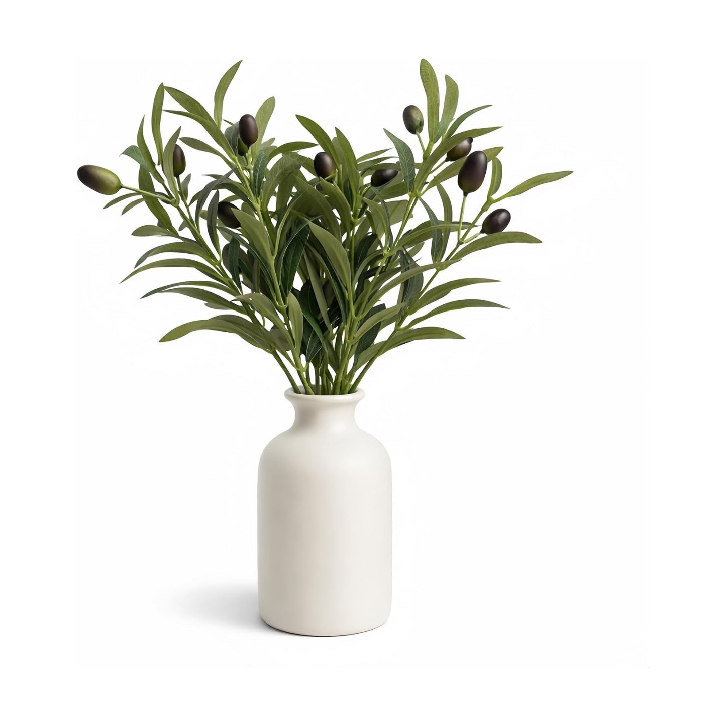 Matte Ceramic Vase 5.7 / Artificial Olive Branches and Berries with Vase / White / Set of 4