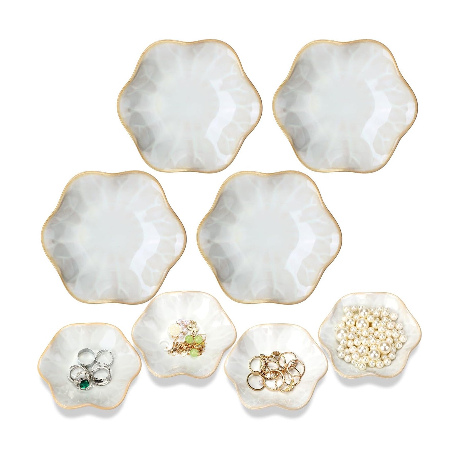 Small Jewelry Dish Trinket Holder Tray for Rings Earrings Key Bowl / White / Ceramic / Set of 4