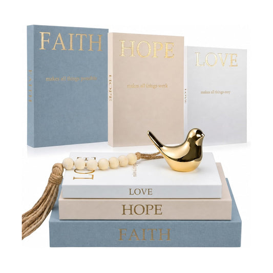Linen Decorative Books Set Includes Bird and Wooden Beaded Tassel / Soft Colors / Gold / Set of 3