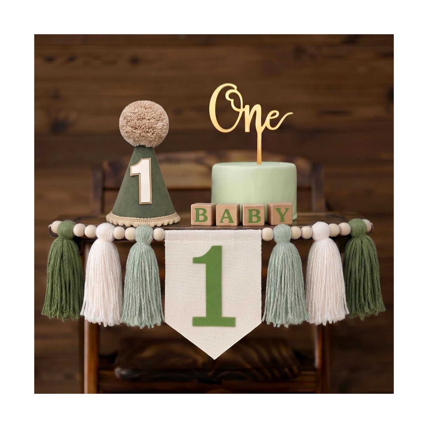 Cone Hat And Cake Topper Wood Bead Tassel Garland First Birthday Decorations / Green