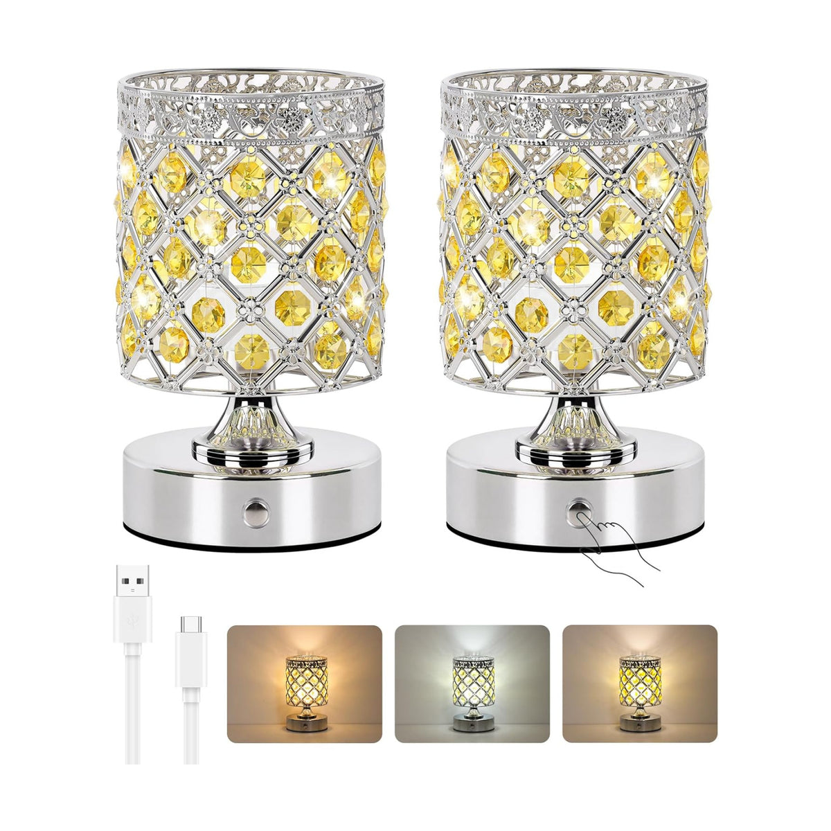 Yellow Small Crystal Rechargeable Cordless Table Lamps Set of 2 | 6000mAh Battery, 3 Color Temps, Stepless Dimming