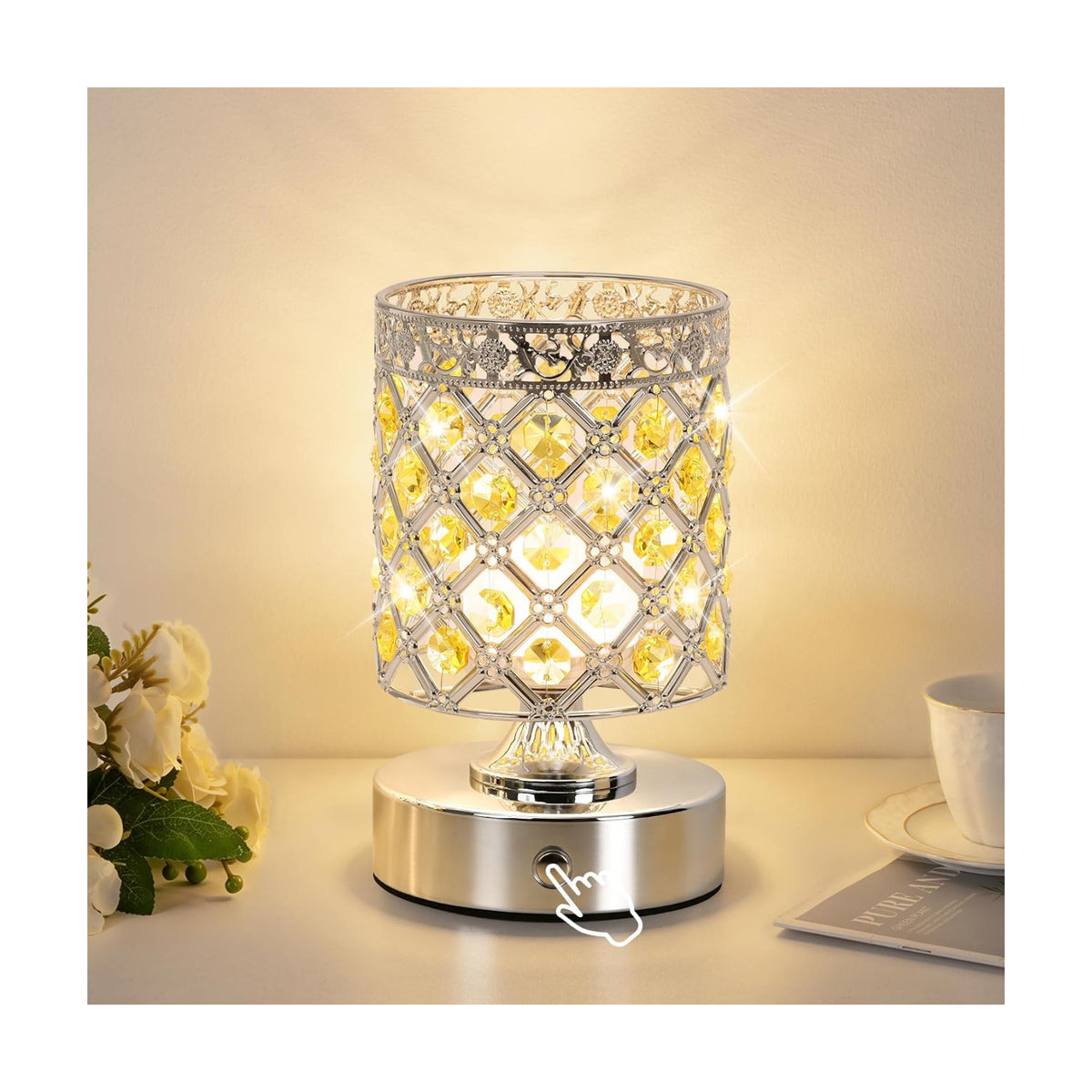 Yellow Crystal Rechargeable Cordless Table Lamp, Touch Small Desk Lamp | 6000mAh Battery, 3 Color Temps, Stepless