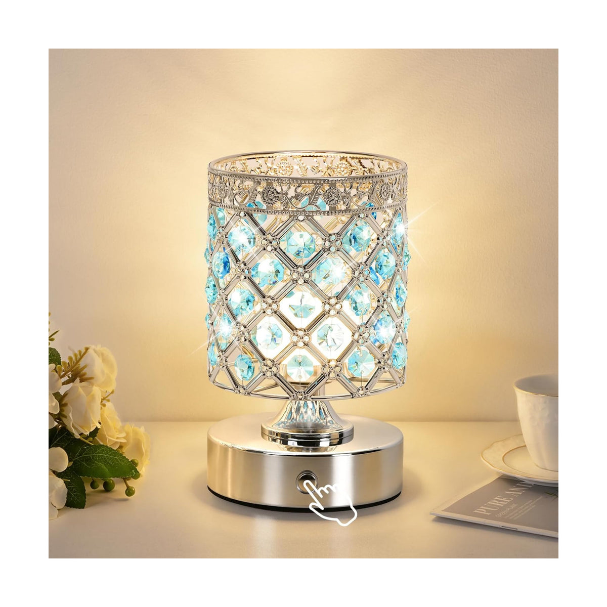 Blue Crystal Rechargeable Cordless Table Lamp, Touch Small Desk Lamp | 6000mAh Battery, 3 Color Temps, Stepless