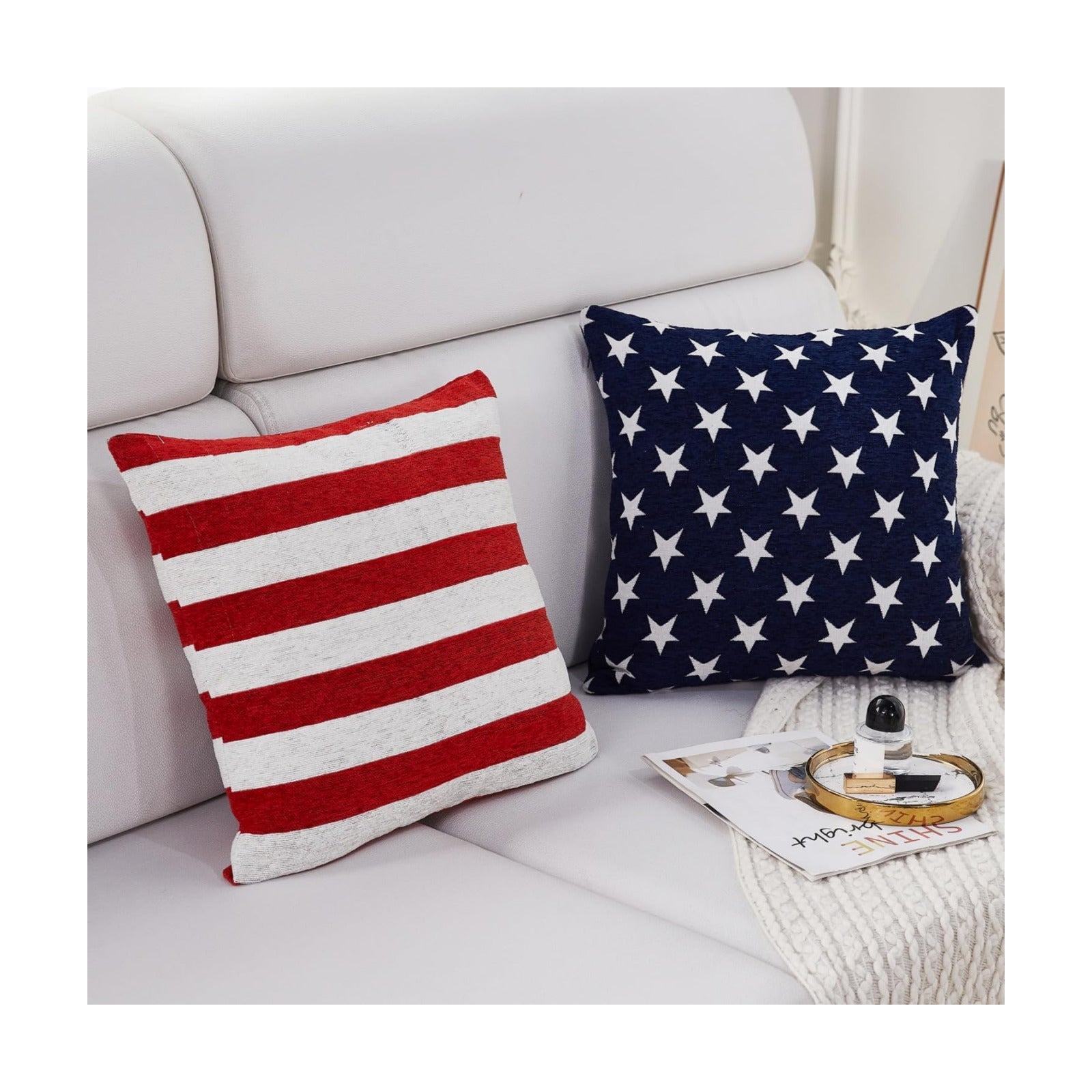 Soft Chenille &White Striped Pillow Cover / Stars and Stripes / 18 x 18 / Red / Set of 2