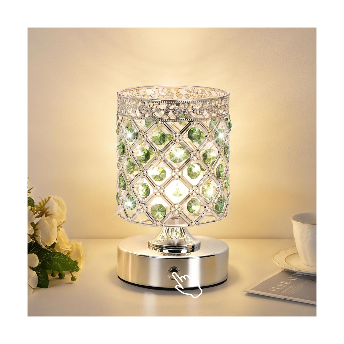 Green Crystal Rechargeable Cordless Table Lamp, Touch Small Desk Lamp | 6000mAh Battery, 3 Color Temps, Stepless