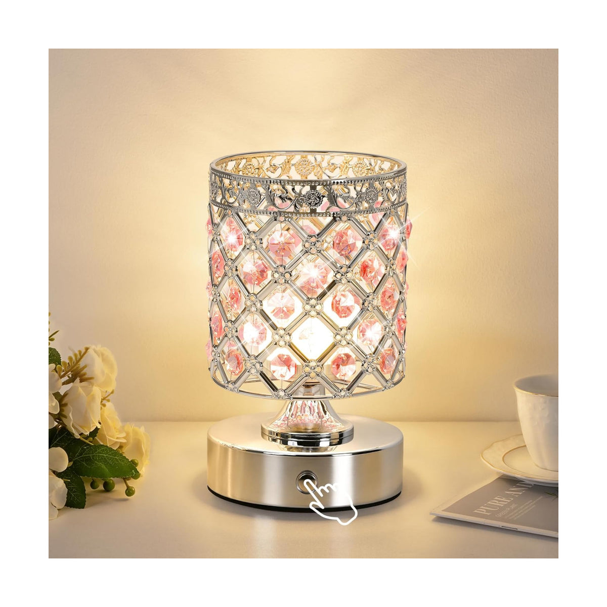 Pink Crystal Rechargeable Cordless Table Lamp, Touch Small Desk Lamp | 6000mAh Battery, 3 Color Temps, Stepless