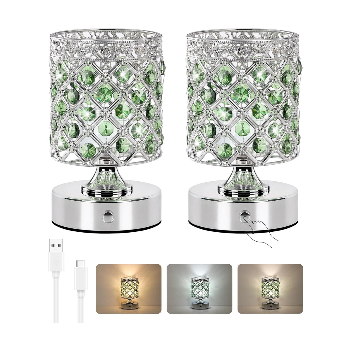 Green Small Crystal Rechargeable Cordless Table Lamps Set of 2 | 6000mAh Battery, 3 Color Temps, Stepless Dimming