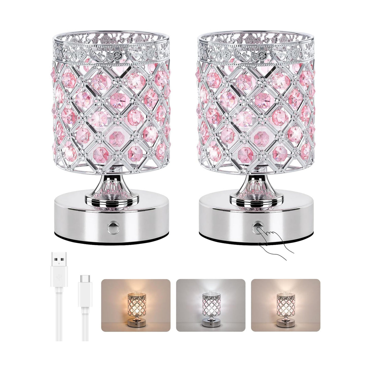 Pink Small Crystal Rechargeable Cordless Table Lamps Set of 2 | 6000mAh Battery, 3 Color Temps, Stepless Dimming, Touch