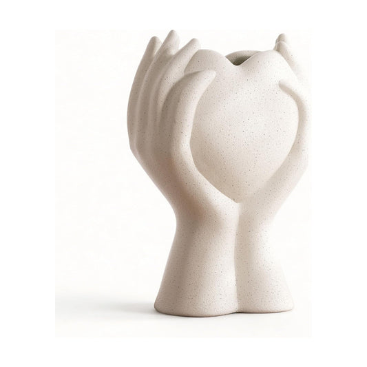 Heart Hand White Ceramic Vase / Cream White / 8 Inch