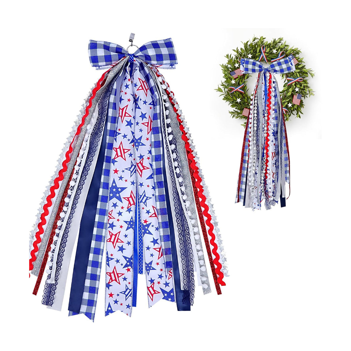 Patriotic Bows for Wreaths Red White Blue Grid Stars Tree Topper Bow for 4th of July,Independence Day,Memorial Day,Veteran's Day Indoor Outdoor Holiday Patriotic Decorations
