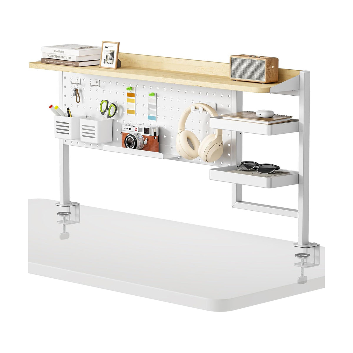Clamp on Desk Shelf, 44" Desktop Shelving System, White | with Pegboard and Accessories, Desktop Organizer with 2-Tier