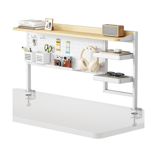 Clamp on Desk Shelf, 44" Desktop Shelving System, White | with Pegboard and Accessories, Desktop Organizer with 2-Tier