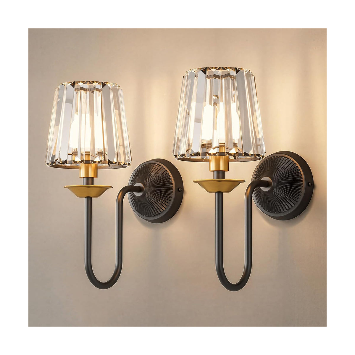 Black and Gold Battery Operated Wall Sconces Set of Two, Crystal Wireless Rechargeable Wall Lights with Remote