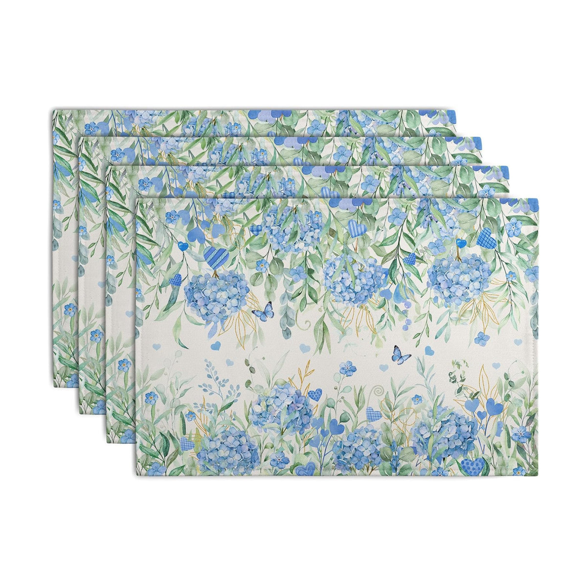 Hydrangea Spring Summer Placemats Set of 4 Sage Green Eucalyptus Leaves Blue Floral Butterfly Placemat 12x18 Inch Seasonal Holiday Table Place Mats for Farmhouse Kitchen Dining Decor