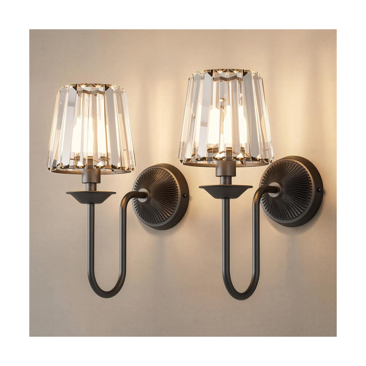 Black Battery Operated Wall Sconces Set of Two, Crystal Wireless Rechargeable Wall Lights with Remote, Dimmable 3 CCT