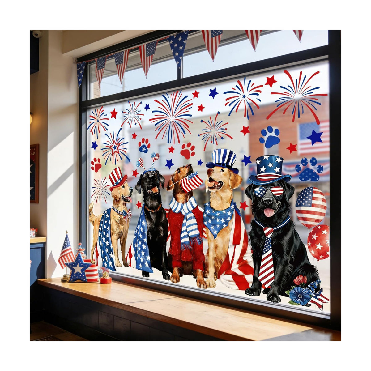 JarThenaAMCS 2 Sheet Patriotic Dog Window Clings Window Decal 4th of July Star Firework Dog Reusable Anti-Collision Windows Decor for 250th Anniversary Independence Day Memorial Day Party Supplies