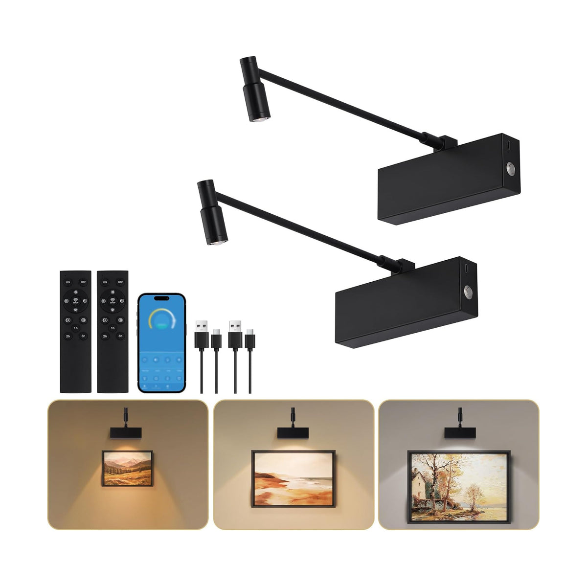 Picture Light for Wall with Adjustable LED Beam, Wireless 8000mAh Rechargeable Art Light with Remote, Battery Operated