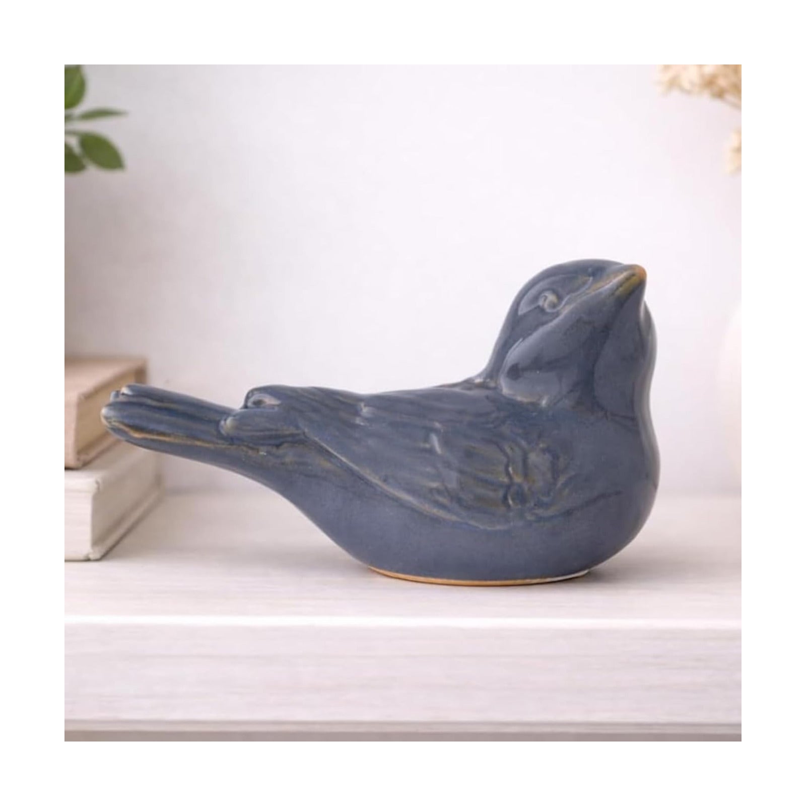 Ceramic Bird Figurine Gray Songbird / Blue