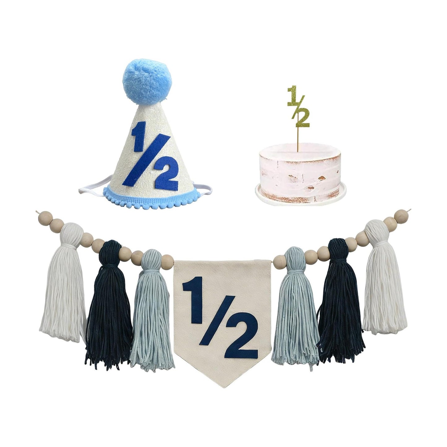 Cone Hat & Cake Topper Wood Bead Tassel / Rayal Blue 1/2