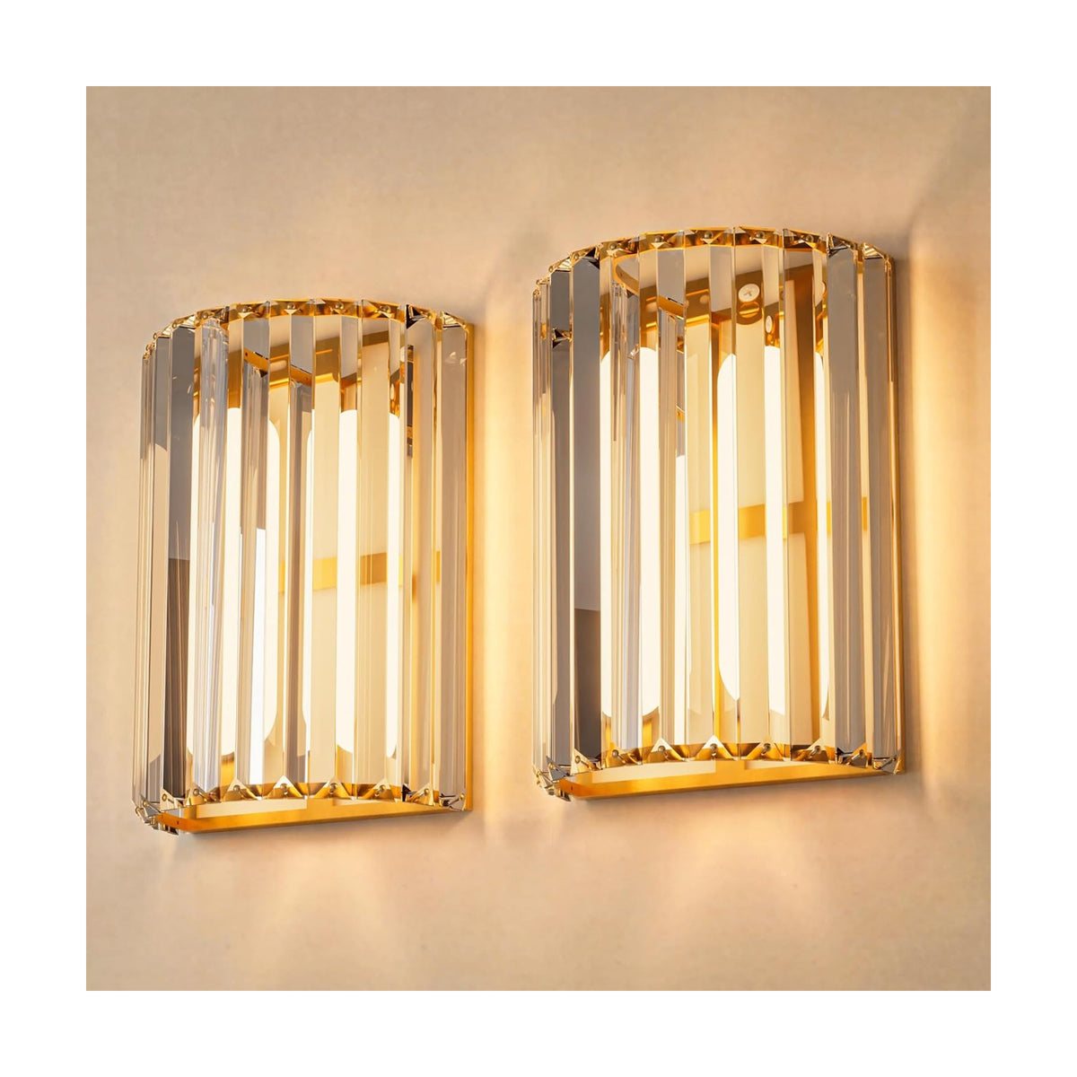 Gold Battery Operated Wall Sconces Set of Two, Crystal Wireless Wall Lights with Remote, Rechargeable Cordless Wall