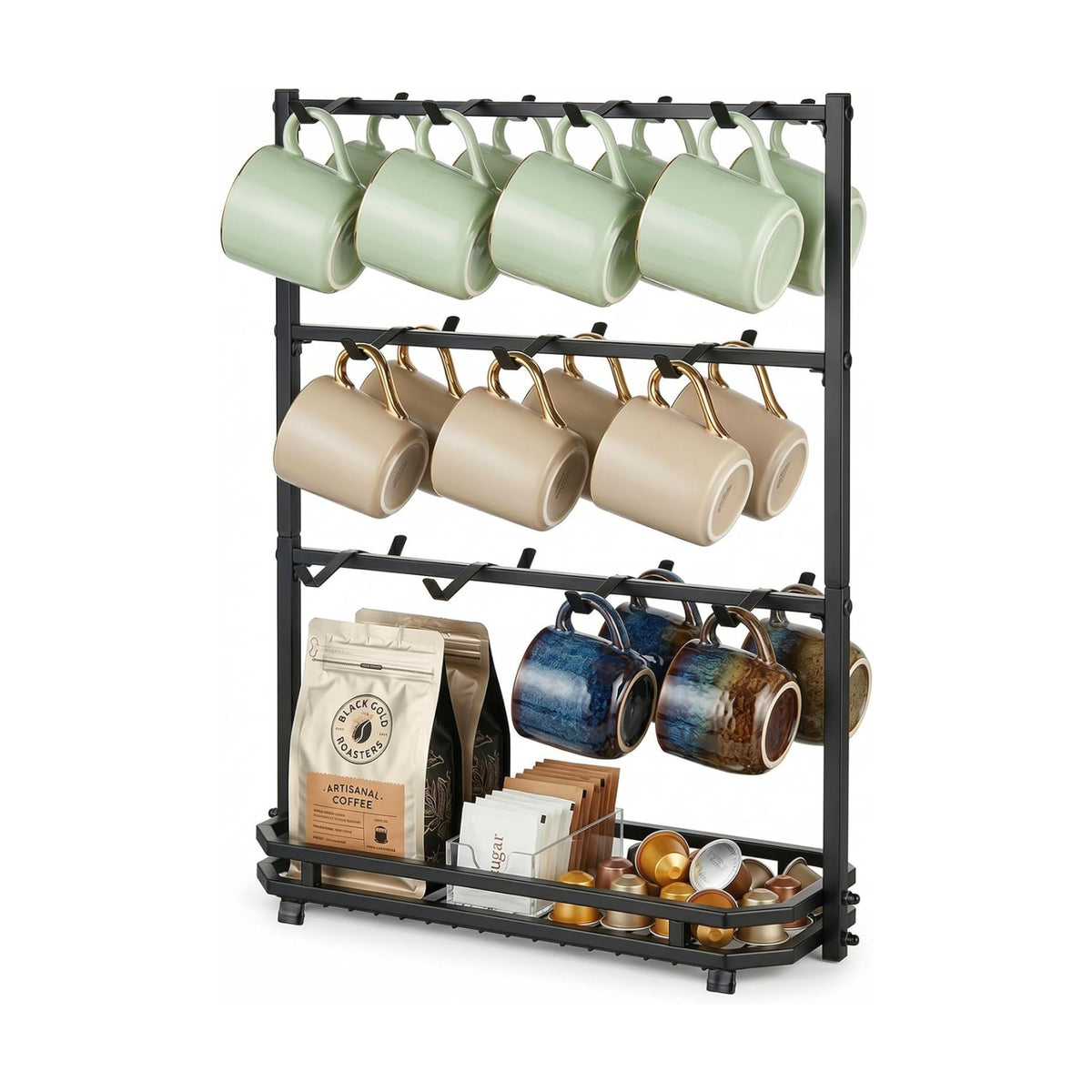 Coffee Mug Holder for Countertop, 22 Hooks Metal Coffee Cup Holder Rack | 3 Tier Mug Tree Holder Rack, Mug Tree Stand