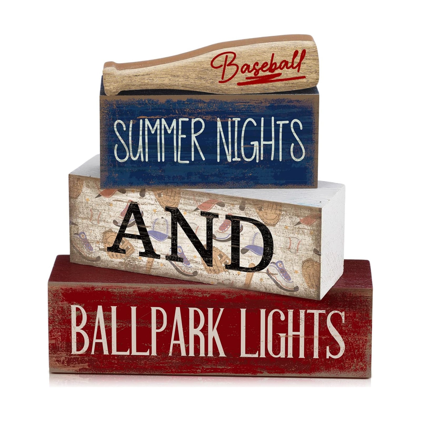 Lineshading 4 Pcs Baseball Wooden Blocks Sign with Bat, Blue White Red
