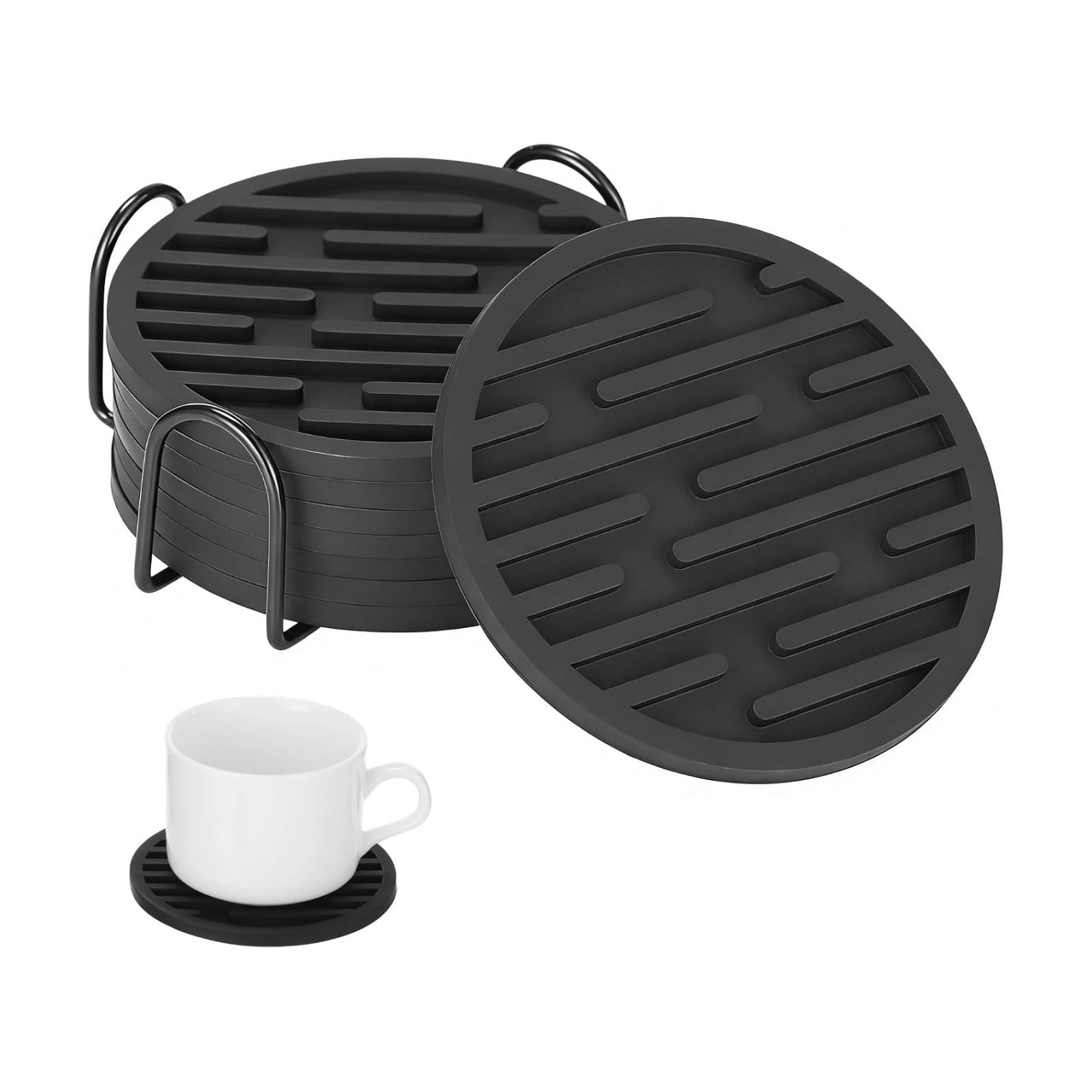Storage Holder / in Round Modern Groove Pattern Drink Mats / Black / 3.9 Inch / Set of 8