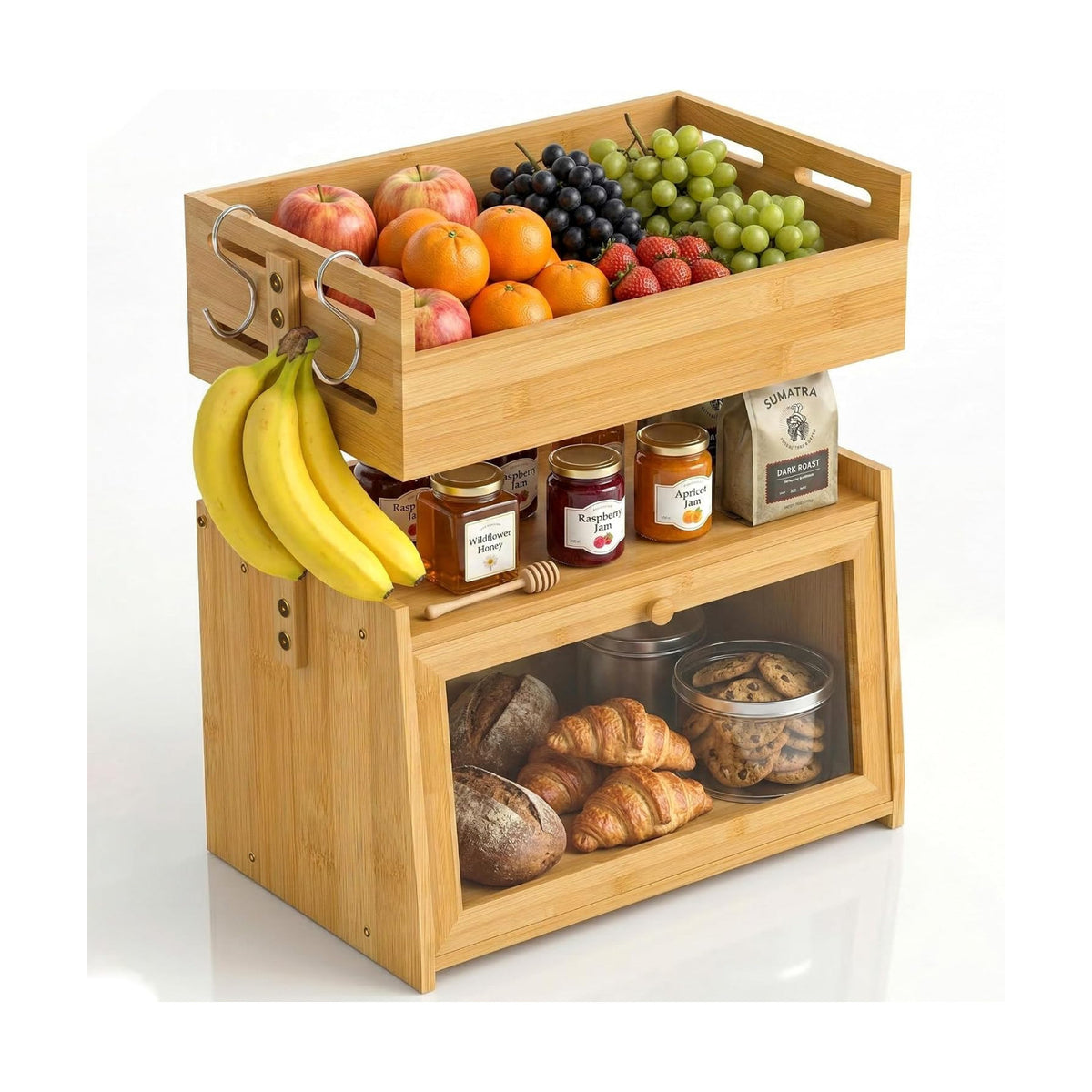 Bamboo Bread Box with Fruit Basket, 2-in-1 Kitchen Countertop Organizer | Vertical storage with acrylic window door, 8