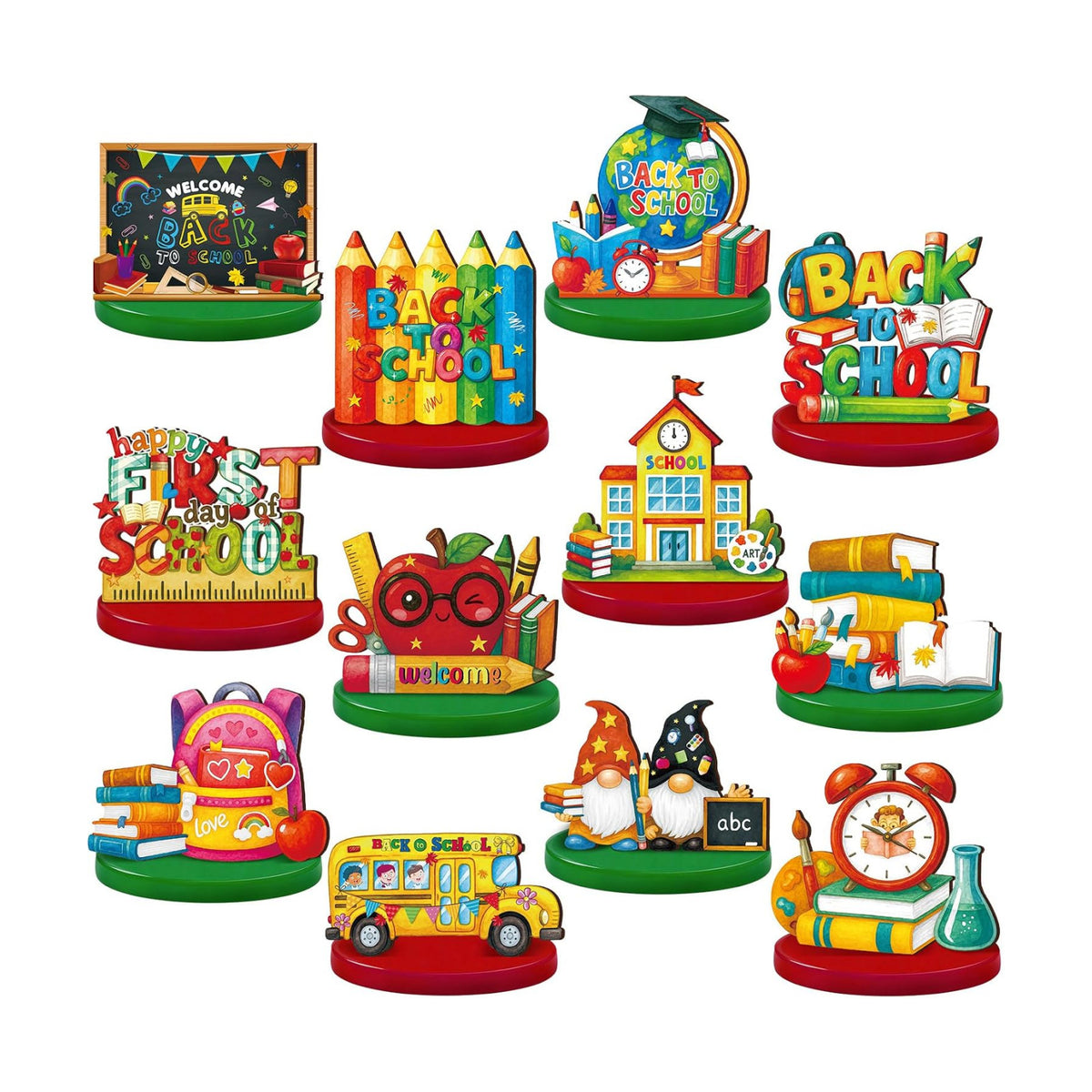 Wesiti 12 Pcs Back to School Table Decorations Wooden First Day of School Table Centerpiece Alarm Clocks Backpacks Tabletop Topper Decor for Classrooms Office Home Tiered Tray Decor Party Favor