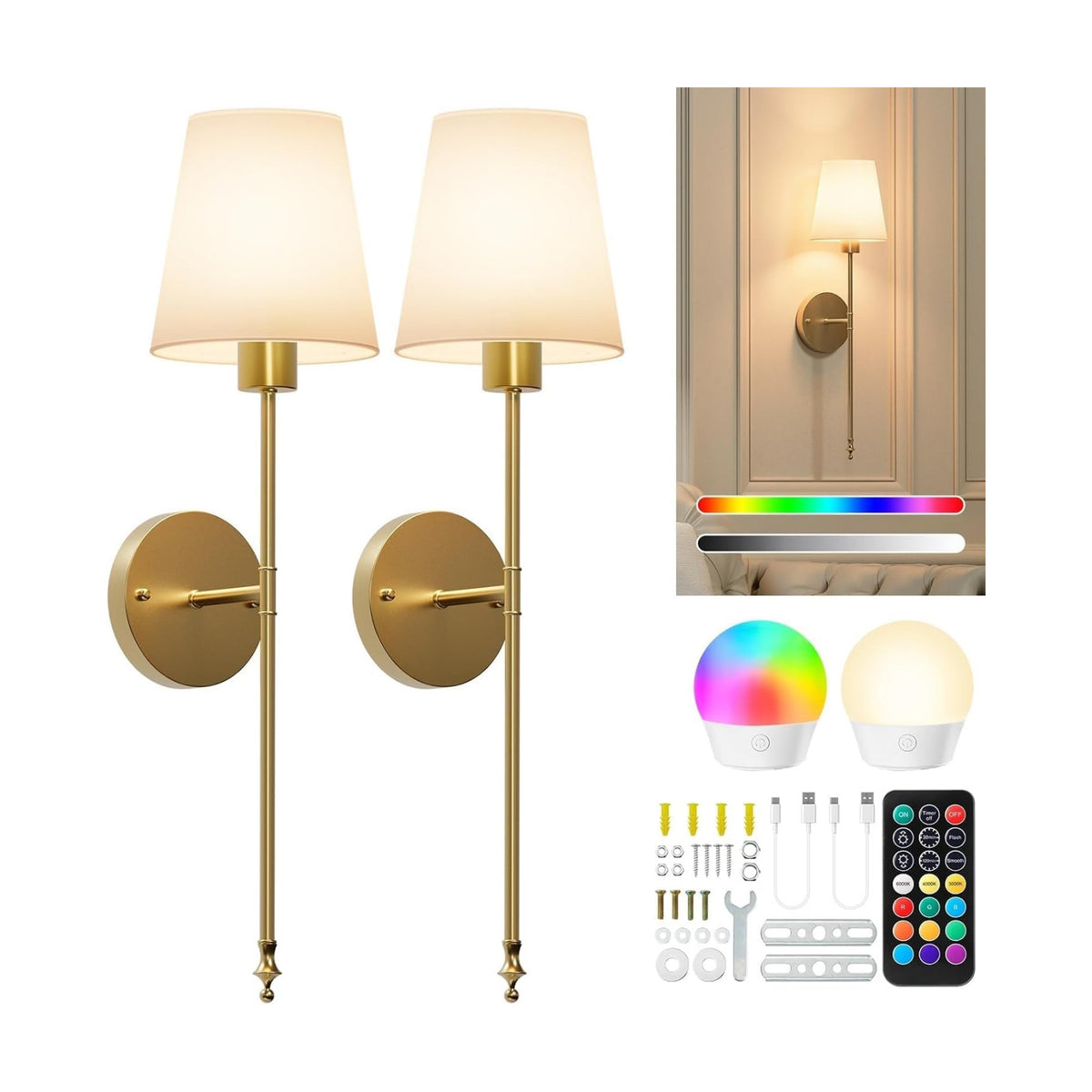 Brightown Battery Operated Wall Sconces Set of Two,Gold Sconces Wall Decor | RGBWW Rechargeable Wall Lights with