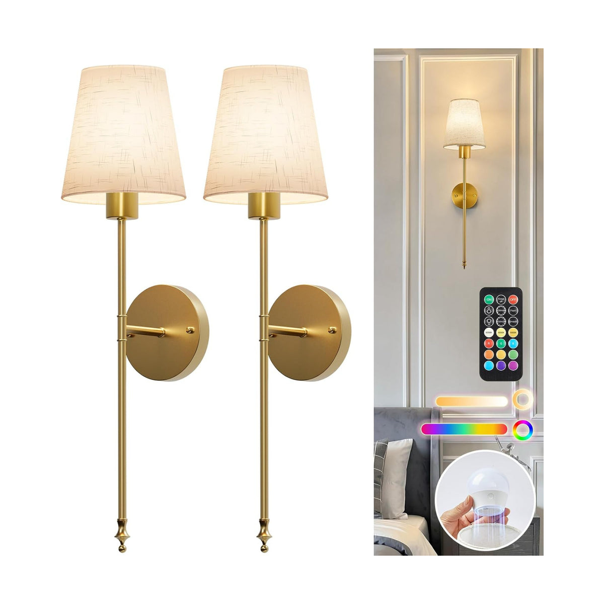 Brightown Battery Operated Wall Sconces Set of Two,Linen Sconces Wall Decor | RGBWW Rechargeable Wall Lights with