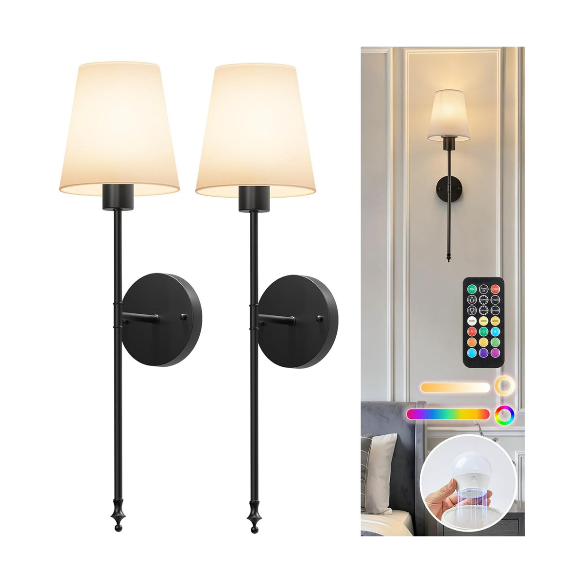 Brightown Battery Operated Wall Sconces Set of 2,Black Sconces Wall Decor | RGBWW Rechargeable Wall Lights with