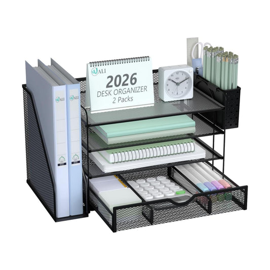 WALI Desk File Organizer, 4 Tier Desktop Paper Letter Tray Organizer with Drawer and 2 Pen Holders, Office Desk