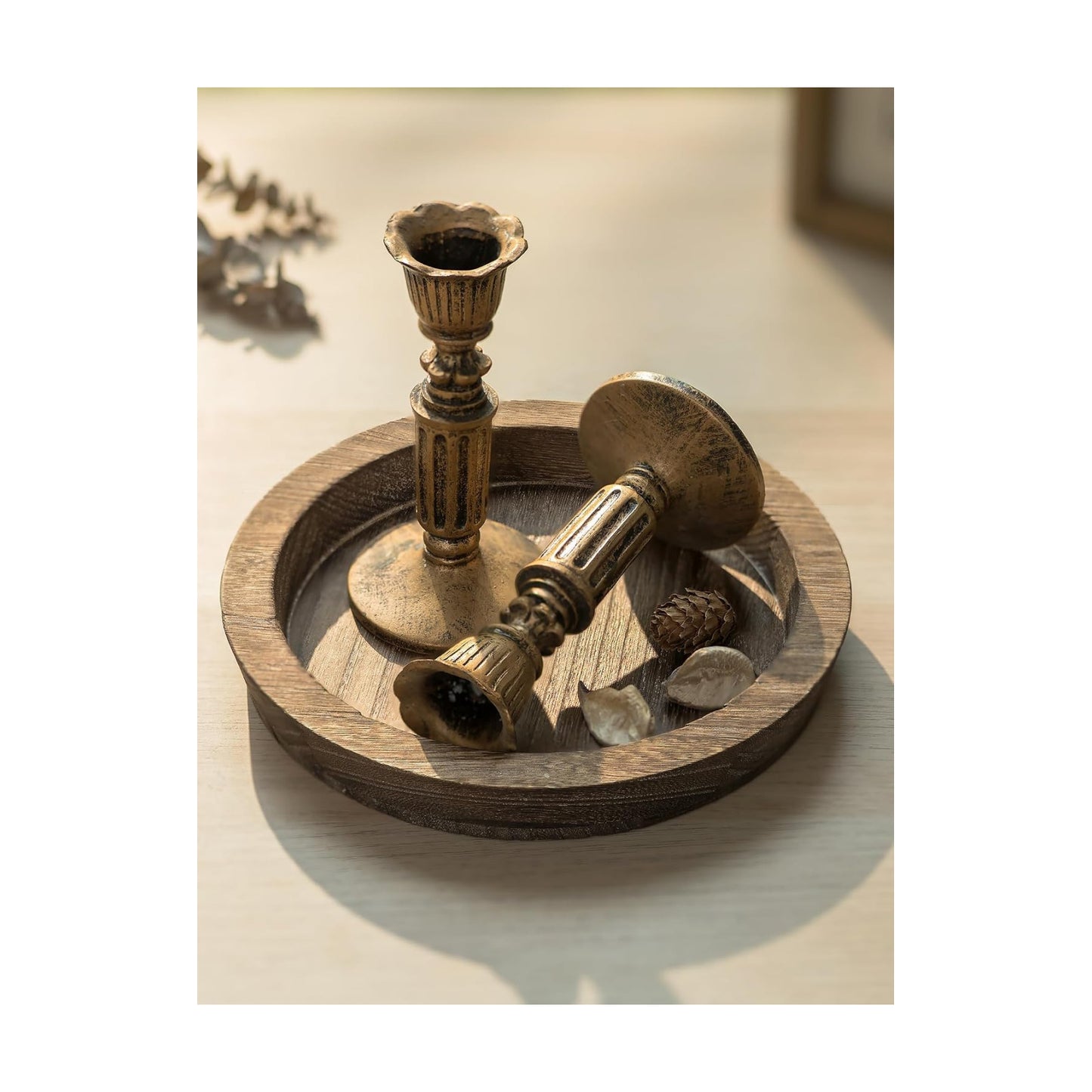 Hanobe Round Wood Candle Holder Trays, Small Coffee Table Centerpiece, 7.8"